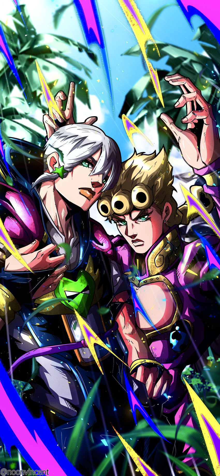 2boys, absurdres, araki_hirohiko_(style), belt, black_bridal_gauntlets, black_hoodie, blonde_hair, blue_sky