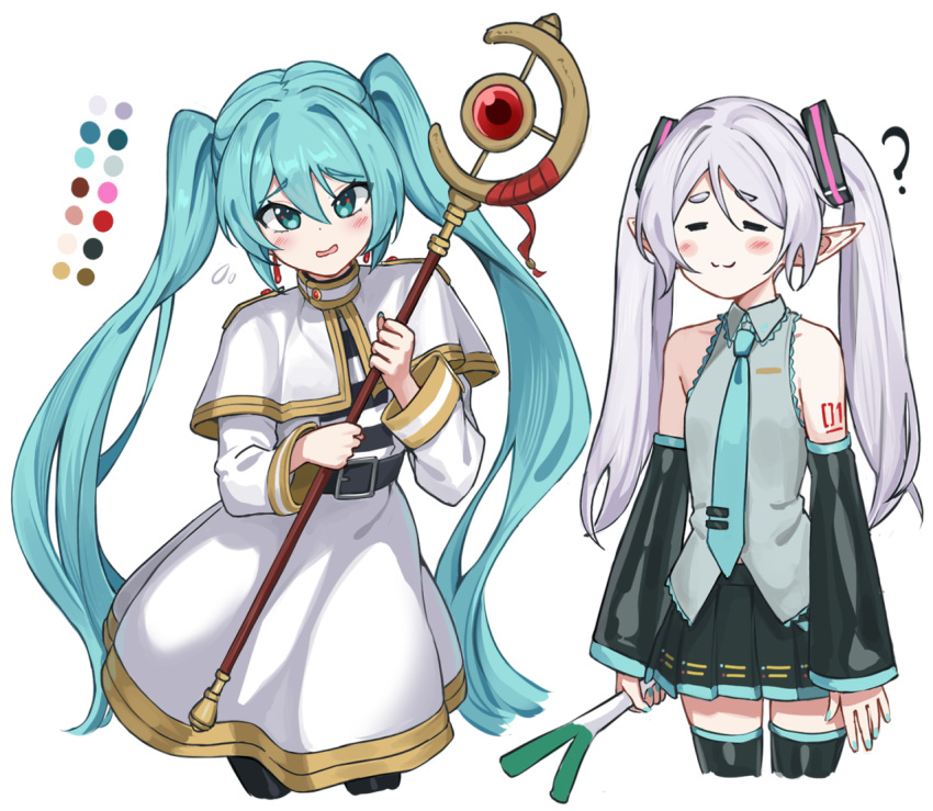 2girls, :3, =_=, ?, aqua_hair, aqua_necktie, arm_tattoo, belt, bib_(bibboss39), black_belt, black_boots, black_skirt, blush_stickers, boots, capelet, color_guide, commentary, cosplay, costume_switch, cowboy_shot, cropped_legs, crossover, detached_sleeves, earrings, elf, english_commentary, food, frieren, frieren_(cosplay), furrowed_brow, gold_trim, grey_shirt, hair_between_eyes, hatsune_miku, hatsune_miku_(cosplay), holding, holding_food, holding_staff, jewelry, long_sleeves, mage_staff, multiple_girls, necktie, parted_lips, pendant_earring, pleated_skirt, pointy_ears, shirt, simple_background, skirt, sleeve_cuffs, sleeveless, sleeveless_shirt, sousou_no_frieren, spring_onion, staff, standing, striped_clothes, striped_shirt, tattoo, teardrop_earrings, thick_eyebrows, thigh_boots, twintails, vocaloid, white_background, white_capelet, white_skirt