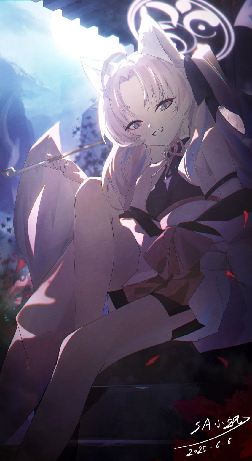 1girl, absurdres, animal_ear_fluff, black_ribbon, black_shirt, blue_archive, blush, bow
