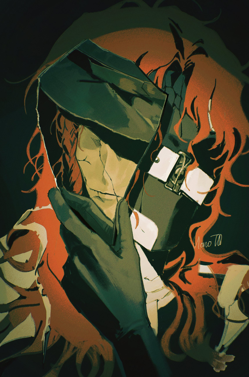 1boy, absurdres, aleph_(reverse:1999), black_background, black_gloves, black_hat, black_mask, cracked_mask