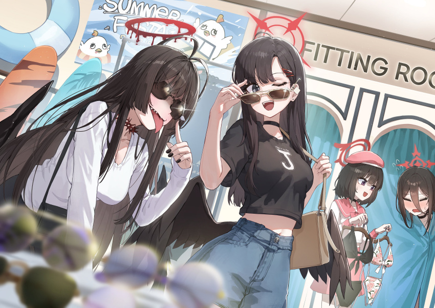 4girls, absurdres, adjusting_eyewear, alternate_costume, antenna_hair, bag, bikini, black_bag