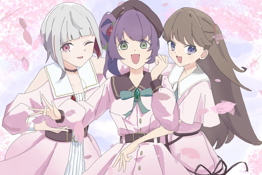 3girls, :d, blunt_bangs, bob_cut, brown_hair, cherry_blossoms, clenched_hand, clothing_cutout