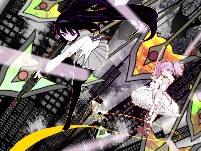 akemi_homura, black_hair, bow_(weapon), bubble_skirt, building, city, gloves, gun, hairband, kaname_madoka, long_hair, machine_gun, magical_girl, mahou_shoujo_madoka_magica, miyatsuki_sorako, multiple_girls, pantyhose, pink_eyes, pink_hair, purple_eyes, rifle, short_hair, tomoe_mami, twintails, violet_eyes, weapon, white_gloves, witch's_labyrinth, witch's_labyrinth, yellow_eyes