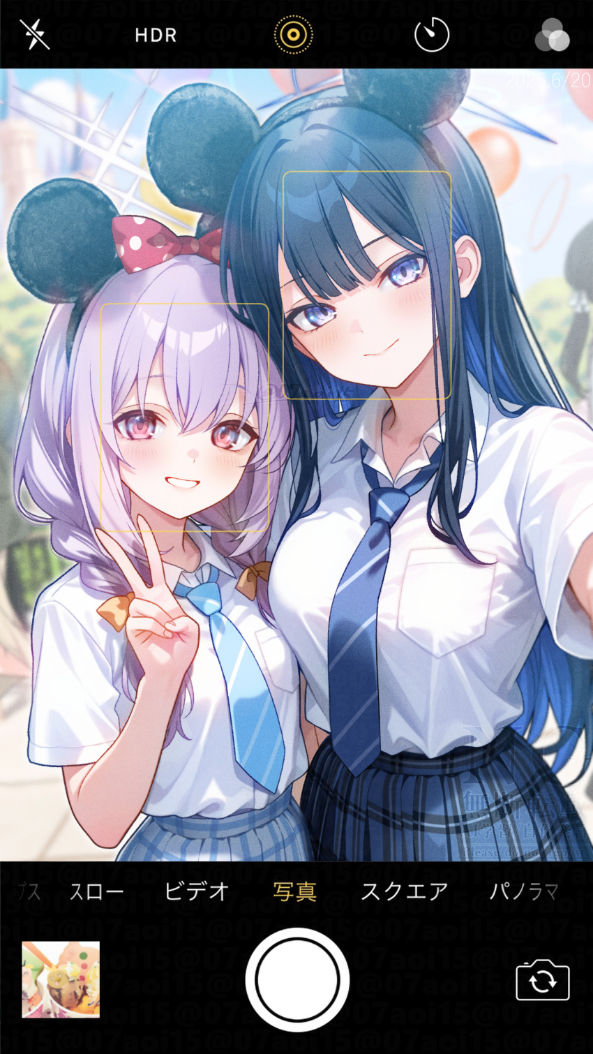 2girls, absurdres, alternate_costume, animal_ears, aoi_(07aoi15), atsuko_(blue_archive), black_hair, blue_archive, blue_eyes, blue_hair, blue_necktie, blue_skirt, blush, bow, braid, closed_mouth, colored_inner_hair, diagonal-striped_clothes, diagonal-striped_necktie, disneyland, fake_animal_ears, grin, hair_between_eyes, hair_bow, highres, long_hair, mickey_mouse_ears, multicolored_hair, multiple_girls, necktie, outdoors, plaid_clothes, plaid_skirt, polka_dot, polka_dot_bow, purple_hair, red_bow, red_eyes, saori_(blue_archive), school_uniform, selfie, shirt, sidelocks, skirt, smile, striped_clothes, twin_braids, two-tone_hair, v, viewfinder, white_shirt, yellow_bow