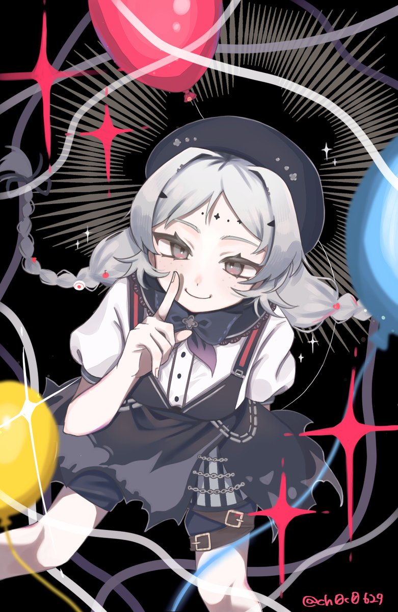 1girl, balloon, balloon_party, beret, black_background, black_hat, black_skirt, braid
