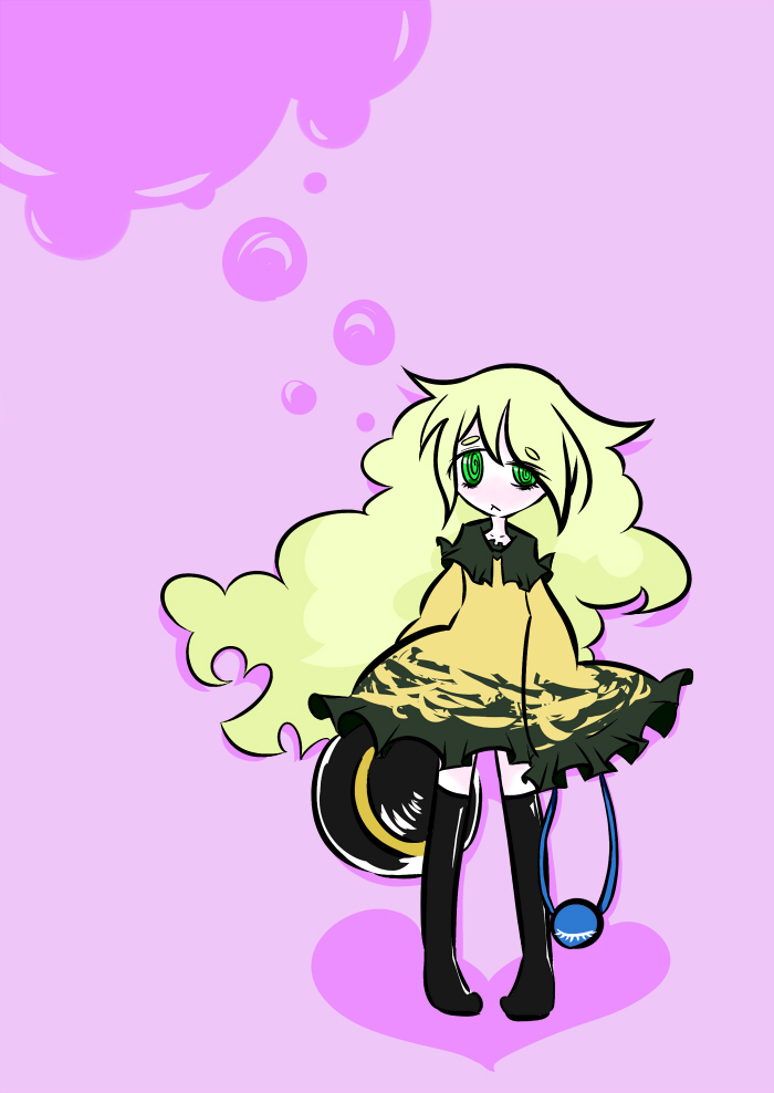 :<, @_@, alternate_hairstyle, black_legwear, blonde_hair, dress, eyeball, green_eyes, green_hair, grey_hair, hat, hat_removed, headwear_removed, heart, komeiji_koishi, long_hair, pigeon-toed, pigeon_toed, remoremora, ringed_eyes, solo, standing, thighhighs, third_eye, touhou