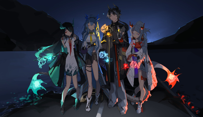 1boy, 3girls, absurdres, aqua_horns, arknights, bead_bracelet, beads, black_hair, blue_hair, bracelet, brother_and_sister, chongyue_(arknights), colored_extremities, colored_skin, dragon_boy, dragon_girl, dragon_horns, dragon_tail, dusk_(arknights), earrings, eastern_dragon_tail, fiery_tail, fire, flame-tipped_tail, gradient_skin, green_hands, green_horns, green_skin, highres, horns, jewelry, ling_(arknights), multicolored_hair, multiple_girls, nian_(arknights), pointy_ears, red_eyes, siblings, sisters, spirallllll, streaked_hair, tail, tassel, tassel_earrings, violet_eyes, white_hair