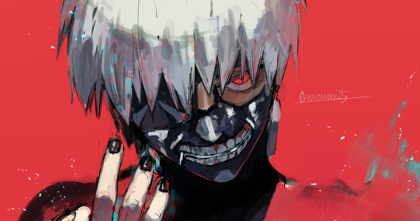 1boy, artist_name, black_mask, black_nails, commentary_request, english_commentary, eyepatch, glowing