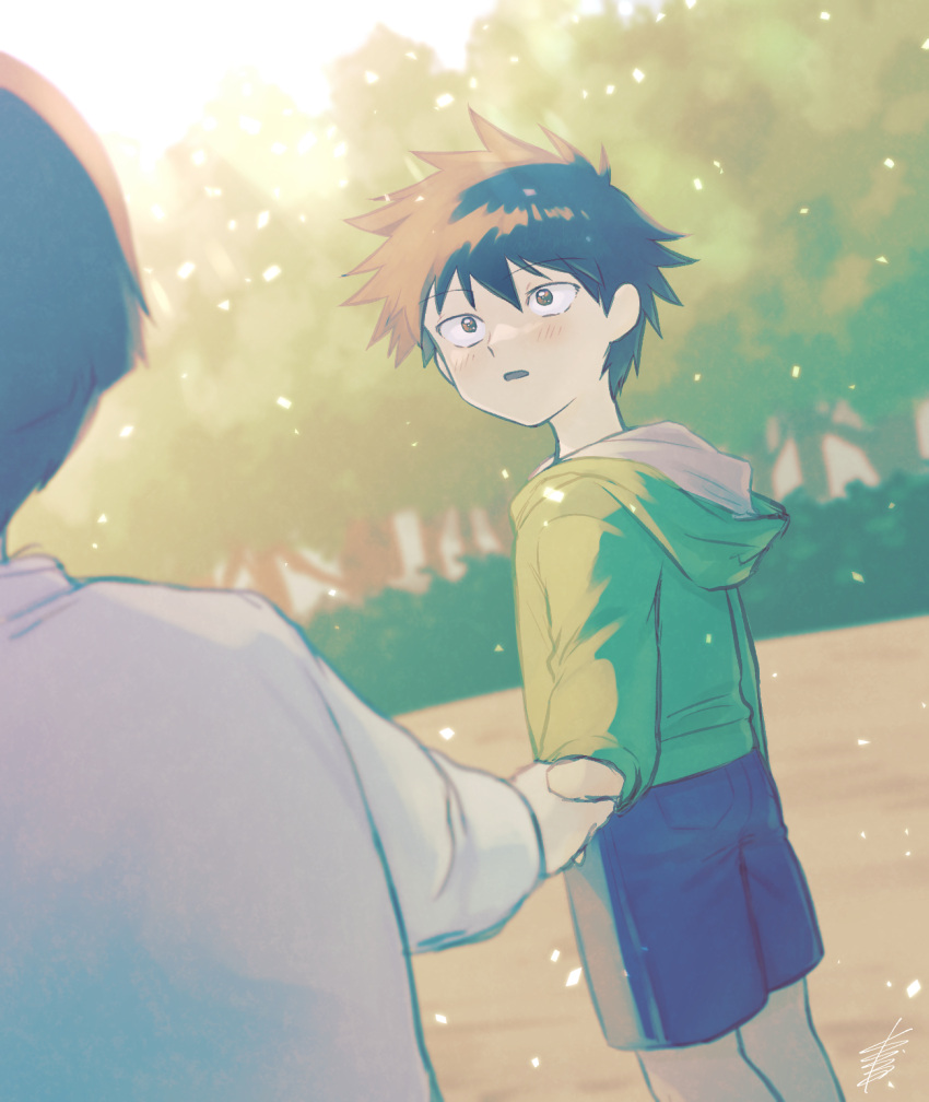 2boys, aged_down, black_eyes, black_hair, blush, brothers, child, highres