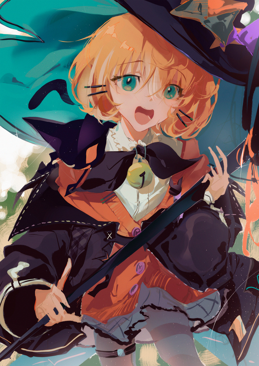 1girl, absurdres, animal_on_shoulder, aqua_eyes, aqua_hat, bell, black_bow, black_bowtie, black_cat, black_hat, black_jacket, black_pantyhose, blonde_hair, bow, bowtie, broom, cardigan, cat, cat_on_shoulder, collared_shirt, cowboy_shot, frilled_shirt_collar, frills, green_bow, grey_skirt, hair_between_eyes, hair_ornament, hairclip, hat, hat_bow, highres, holding, holding_broom, jacket, large_hat, layered_clothes, looking_at_viewer, lucie_(millie_parfait), machi_mile00, millie_parfait, millie_parfait_(1st_costume), neck_bell, nijisanji, nijisanji_en, open_clothes, open_jacket, open_mouth, orange_cardigan, outdoors, pantyhose, shirt, short_hair, skirt, smile, solo, thigh_strap, two-tone_hat, white_shirt, witch, witch_hat