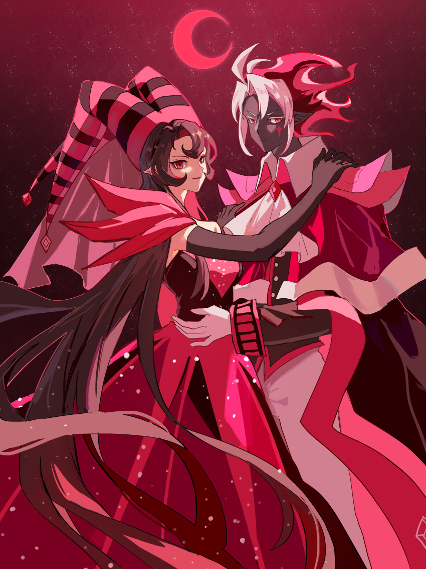 1boy, 1girl, absurdres, antenna_hair, armor, ascot, bare_shoulders, black_gloves, black_hair, black_hat, black_skin, brother_and_sister, chinese_commentary, cloak, closed_mouth, collared_cloak, colored_eyelashes, colored_skin, commentary_request, cookie_run, cookie_run:_kingdom, cookie_run:_ovenbreak, crescent_moon, curtained_hair, dress, elbow_gloves, face-to-face, facial_mark, feet_out_of_frame, geruideyundongxie, gloves, hair_between_eyes, hand_on_another's_hip, hands_on_another's_shoulders, hat, highres, humanization, light_particles, long_hair, long_sleeves, looking_at_viewer, moon, moonlight_cookie, moonlight_cookie_(alluring_crescent_moon), multicolored_hair, official_alternate_costume, official_alternate_eye_color, official_alternate_hair_color, official_alternate_hairstyle, pants, pointy_ears, red_background, red_cloak, red_dress, red_eyes, red_hair, red_hat, red_lips, red_theme, red_veil, short_hair, shoulder_armor, siblings, skirt, smile, standing, stardust_cookie, strapless, strapless_dress, striped_clothes, striped_hat, striped_headwear, two-tone_hair, two-tone_hat, two-tone_headwear, veil, very_long_hair, white_ascot, white_eyelashes, white_gloves, white_hair, white_pants