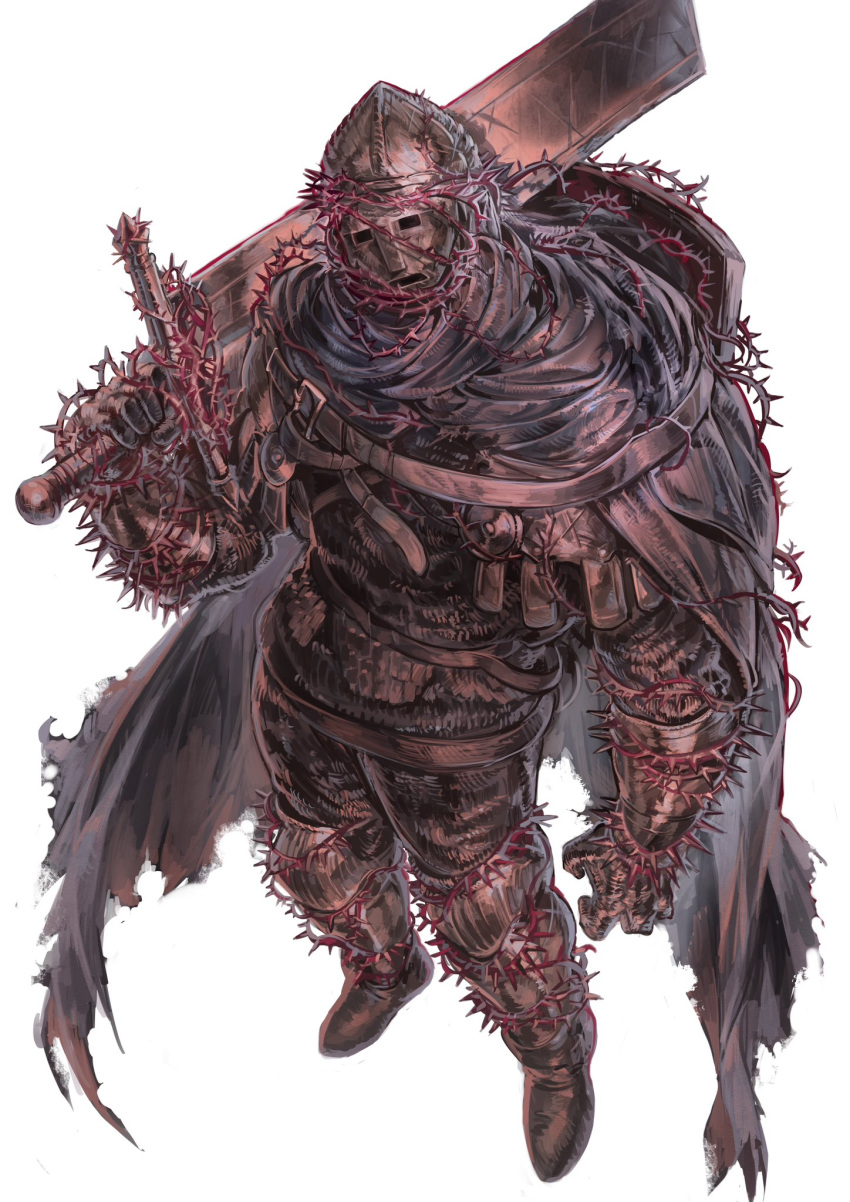 1boy, armor, bell_bearing_hunter_(elden_ring), cape, chainmail, elden_ring, elden_ring_nightreign, elemer_of_the_briar, executioner's_sword, full_armor, full_body, helmet, highres, mask, nameno92372763, over_shoulder, perspective, shield, shield_on_back, solo, thorns, torn_cape, torn_clothes, tower_shield, weapon, weapon_over_shoulder, white_background