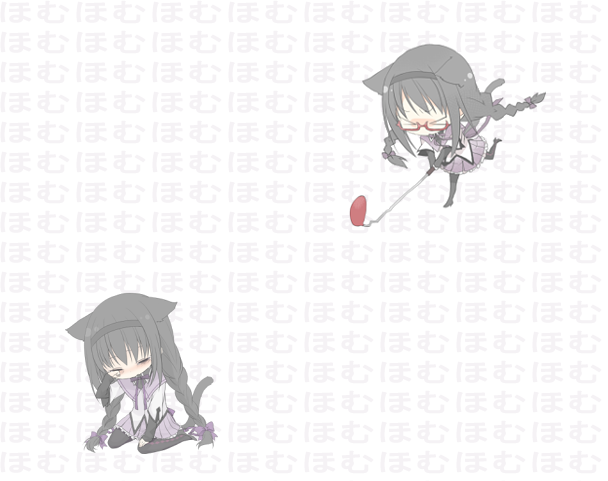 akemi_homura, akira_(ku0427), animal_ears, black_hair, blush, bow, braid, cat_ears