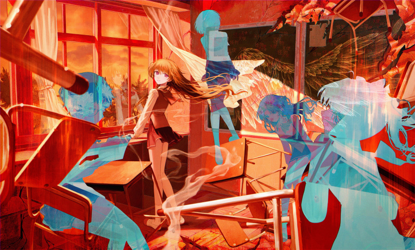 5girls, absurdres, book, classroom, curtains, floating_curtains, floating_hair, glasses