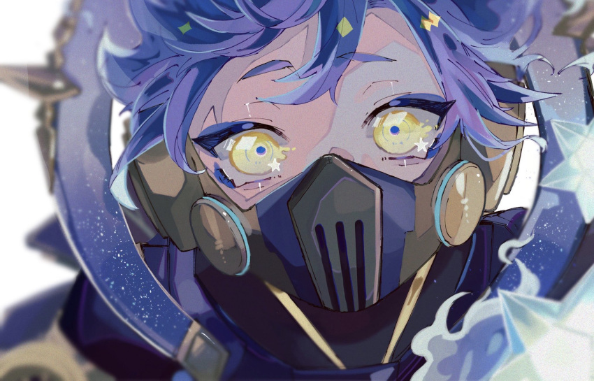 1boy, android, blue_eyeshadow, blue_hair, blue_pupils, blurry, close-up, commentary