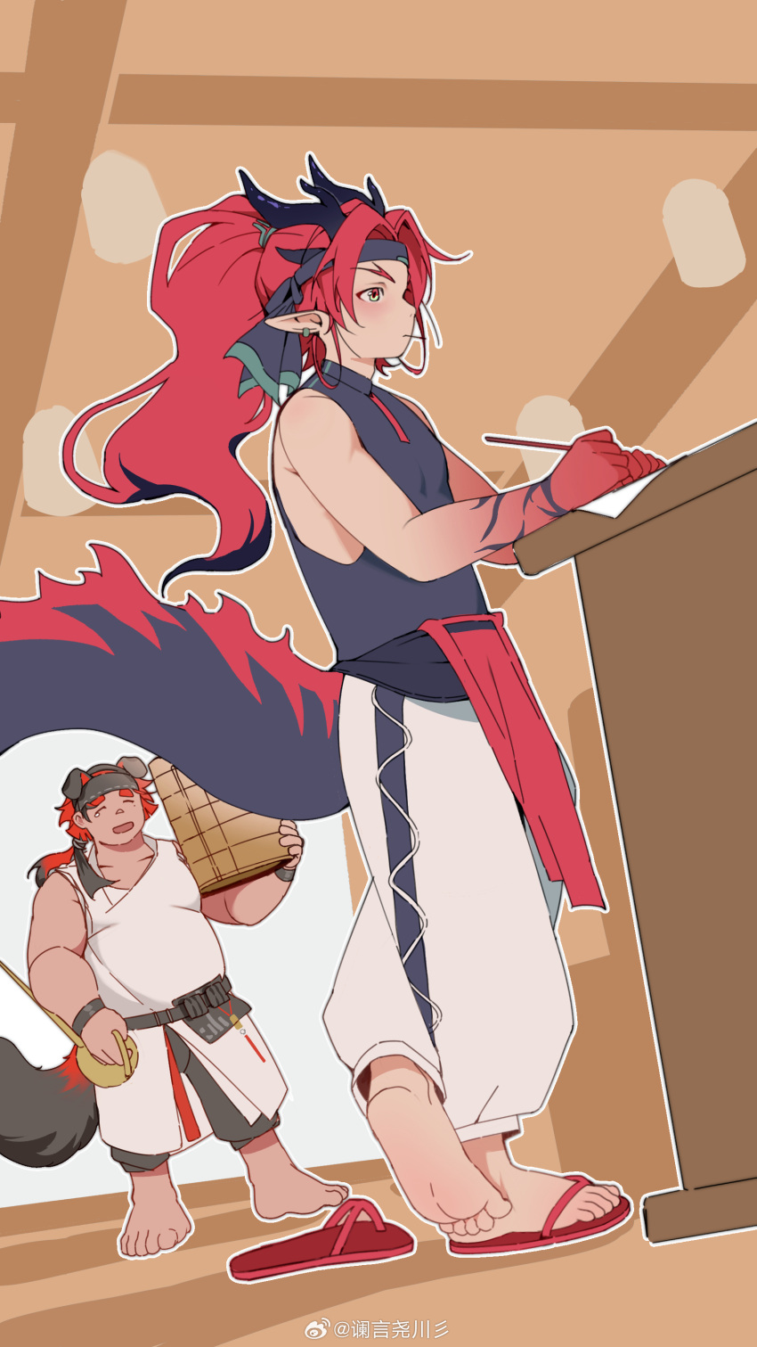 2boys, absurdres, animal_ears, arknights, bamboo_steamer, barefoot, belly, black_headband