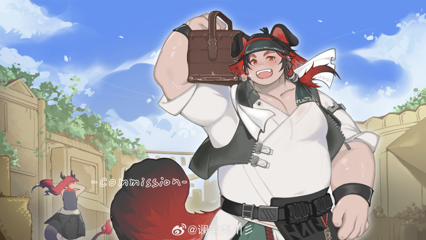 2boys, absurdres, animal_ears, arknights, belly, black_shirt, black_vest, blue_sky