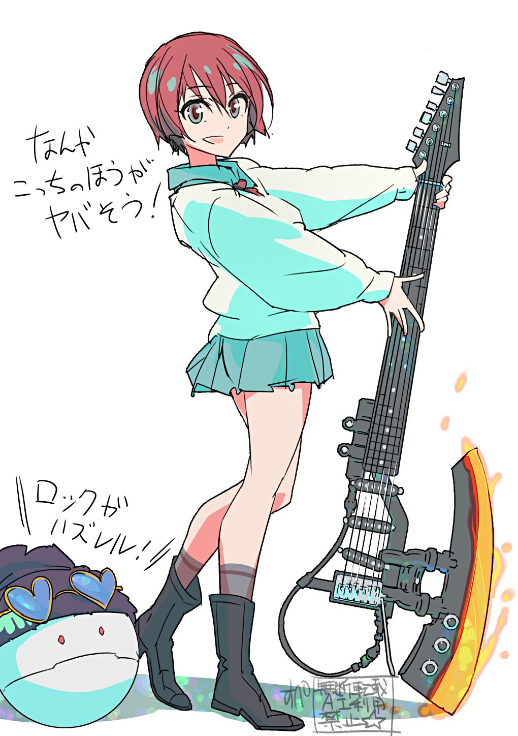 1girl, amate_yuzuriha, aqua_eyes, aqua_shirt, aqua_skirt, axe_guitar, barefoot, beanie