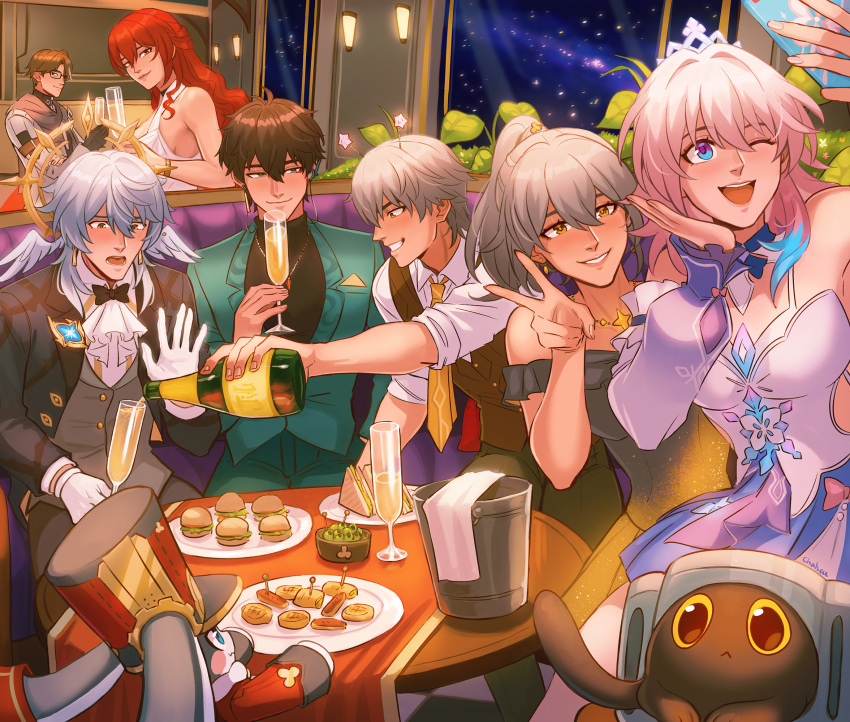 2others, 3girls, 4boys, alternate_costume, aqua_jacket, aqua_suit, black_bow, black_bowtie
