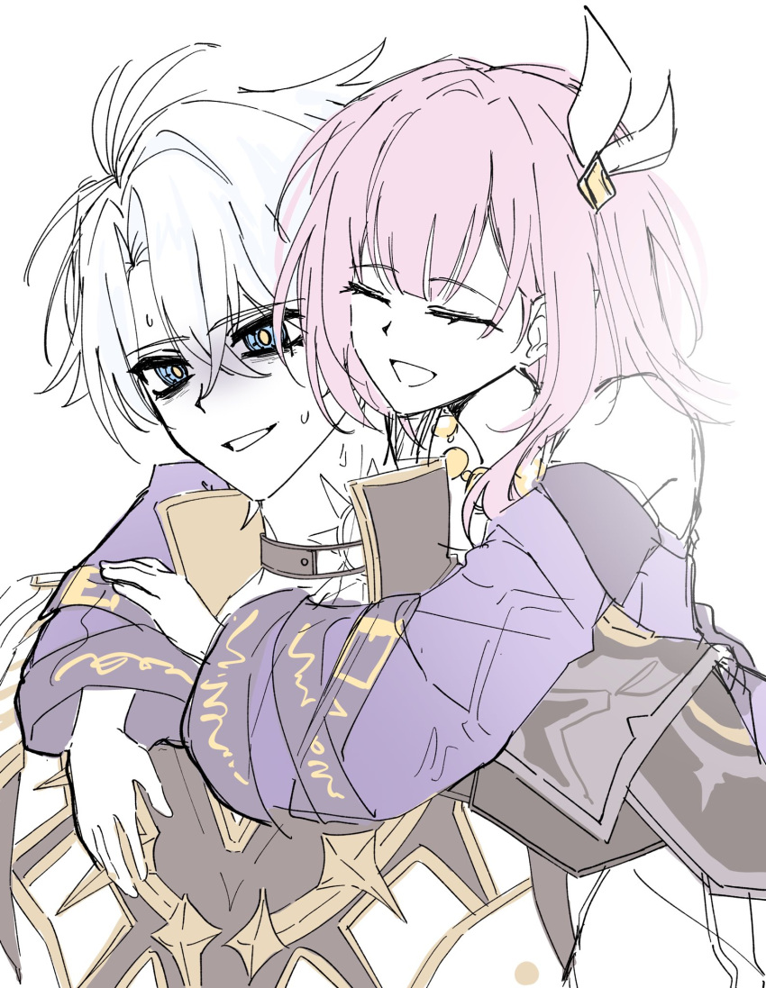 1boy, 1girl, ahoge, bags_under_eyes, black_choker, blue_eyes, choker, coat, commentary_request, cyrene_(honkai:_star_rail), gold_tattoo, hair_ornament, highres, honkai:_star_rail, honkai_(series), hug, hug_from_behind, inggang_el, jewelry, korean_commentary, neck_tattoo, necklace, phainon_(honkai:_star_rail), pink_hair, purple_coat, simple_background, smile, tattoo, upper_body, white_background, white_coat, white_hair