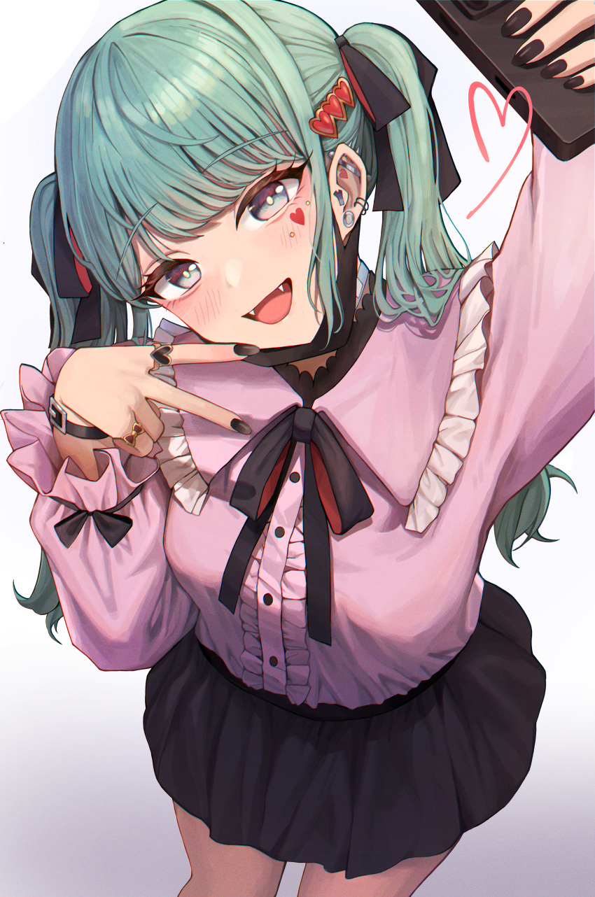 1girl, absurdres, black_skirt, deco27, ear_piercing, fang, hair_ribbon, hatsune_miku, heart, highres, jirai_kei, khan_0204, open_mouth, piercing, pink_top, ribbon, skirt, smile, twintails, v, vampire_(vocaloid), vocaloid