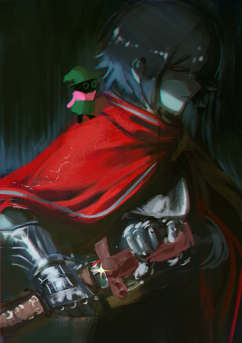1boy, 1other, absurdres, androgynous, armor, black_fur, black_hair, blue_skin