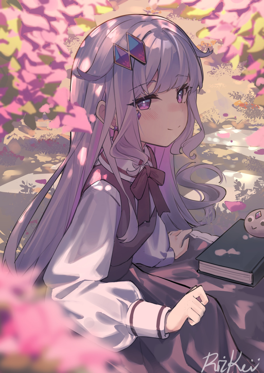 1girl, absurdres, alternate_costume, blurry, blurry_foreground, book, cherry_blossoms, closed_mouth
