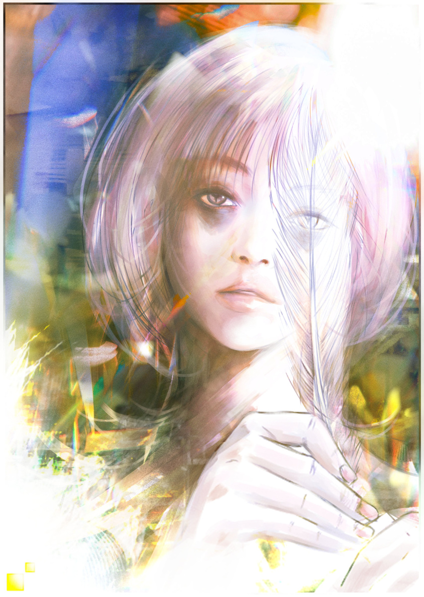 1girl, absurdres, bags_under_eyes, blonde_hair, choujin_x, dress, feathers, grey_eyes