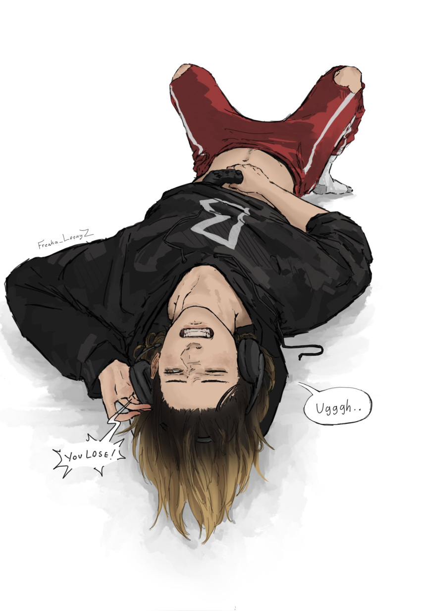 1boy, black_hair, black_hoodie, blonde_hair, clenched_teeth, clothes_lift, controller, freaka_loonyz, game_controller, haikyuu!!, headphones, highres, holding, holding_controller, hood, hoodie, kozume_kenma, long_sleeves, male_focus, multicolored_hair, navel, navel_hair, one_eye_closed, pants, red_pants, roots_(hair), shirt_lift, short_hair, simple_background, socks, solo, teeth, torn_clothes, torn_pants, two-tone_hair, upside-down, white_background, white_socks, yellow_eyes