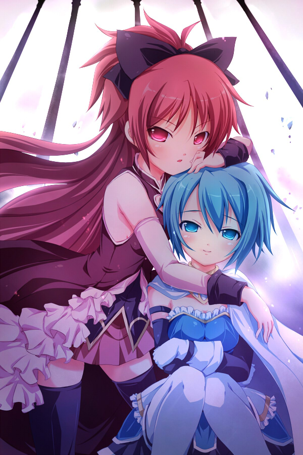 bare_shoulders, black_legwear, blue_eyes, blue_hair, blush, cape, detached_sleeves, gloves
