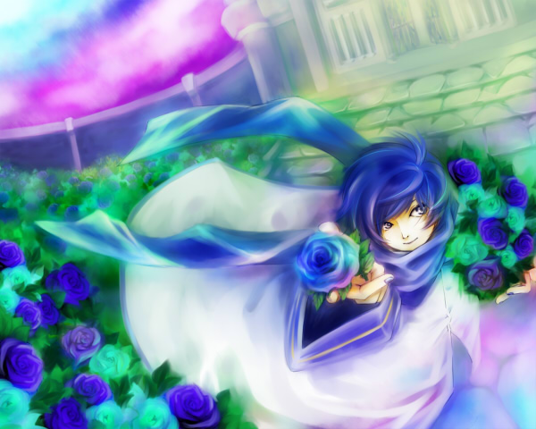 1boy, blue_flower, blue_hair, blue_rose, blue_scarf, bouquet, closed_mouth, coat