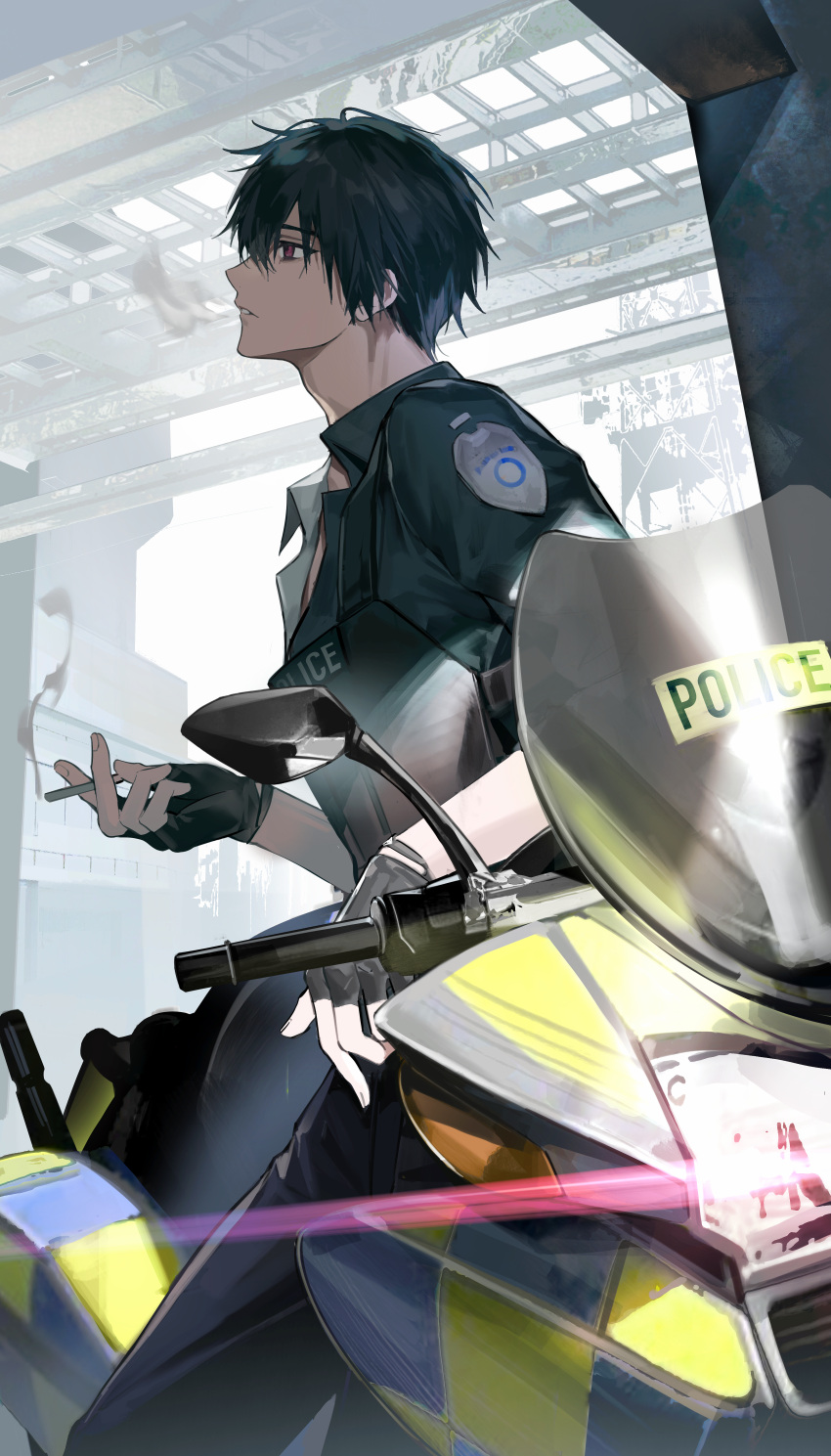1boy, absurdres, ameinu, black_gloves, black_hair, cigarette, fingerless_gloves, from_side