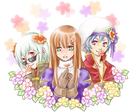 1girl, 2000s_(style), 2boys, blue_hair, brown_hair, closed_mouth, coat, commentary_request
