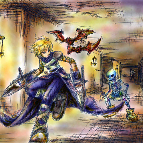 1boy, 2000s_(style), armor, assassin_(ragnarok_online), bandages, bandages_over_clothes, bat_(animal), blonde_hair