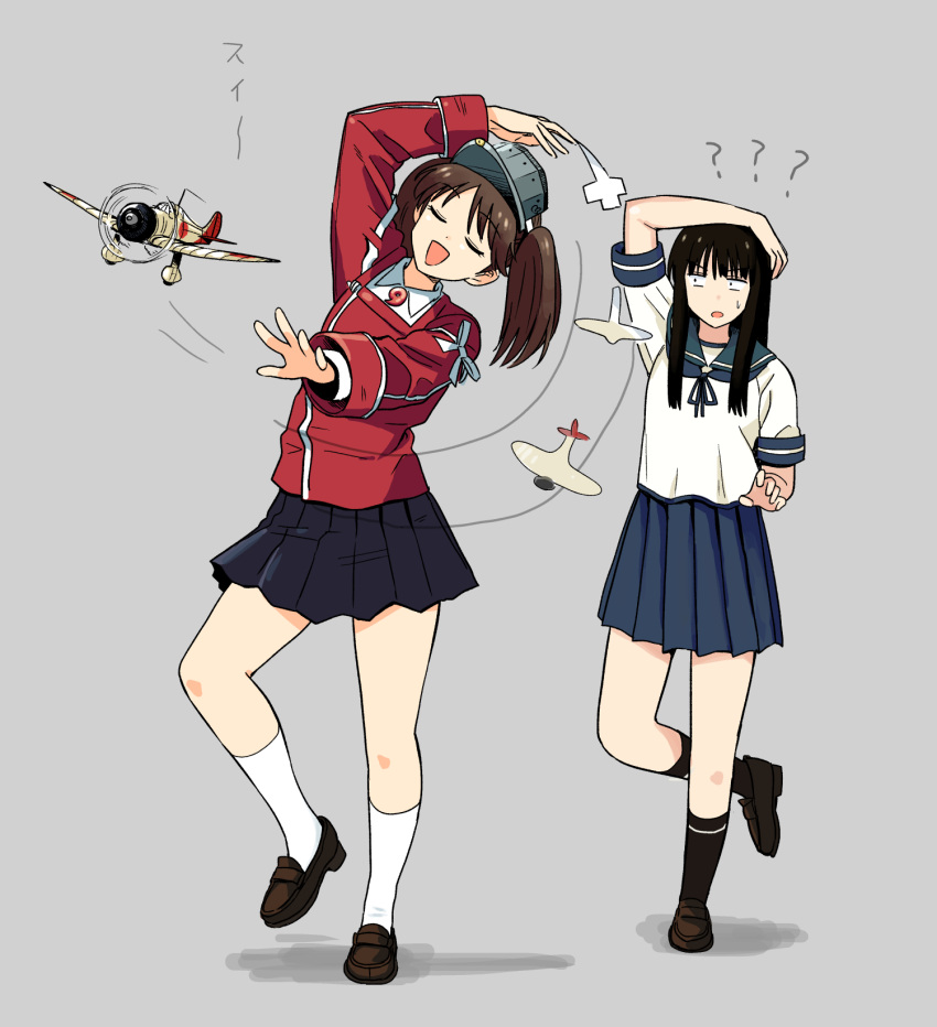 2girls, ?, aircraft, arm_up, black_hair, black_skirt, black_socks, blue_sailor_collar