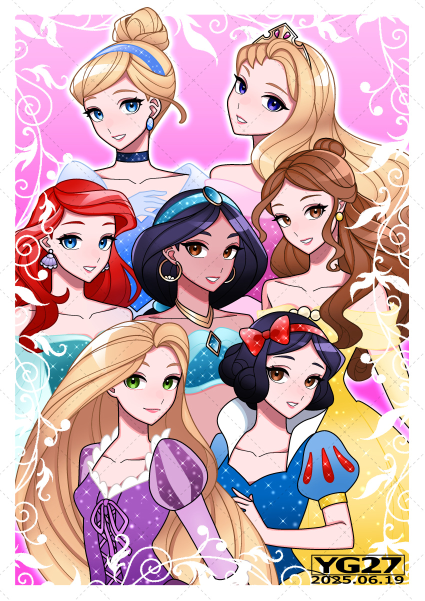 6+girls, absurdres, aladdin_(disney), aladdin_(movie), ariel_(disney), aurora_(disney), beauty_and_the_beast_(disney), belle_(disney), black_hair, blonde_hair, blue_eyes, brown_eyes, brown_hair, cinderella_(disney_character), cinderella_(disney_movie), disney, disney_princess, dress, earrings, hasshin_nina, highres, jasmine_(disney), jewelry, long_hair, looking_at_viewer, multiple_girls, rapunzel_(disney), smile, snow_white_(disney), snow_white_and_the_seven_dwarfs_(disney), tangled, tangled_(film), the_little_mermaid_(disney)