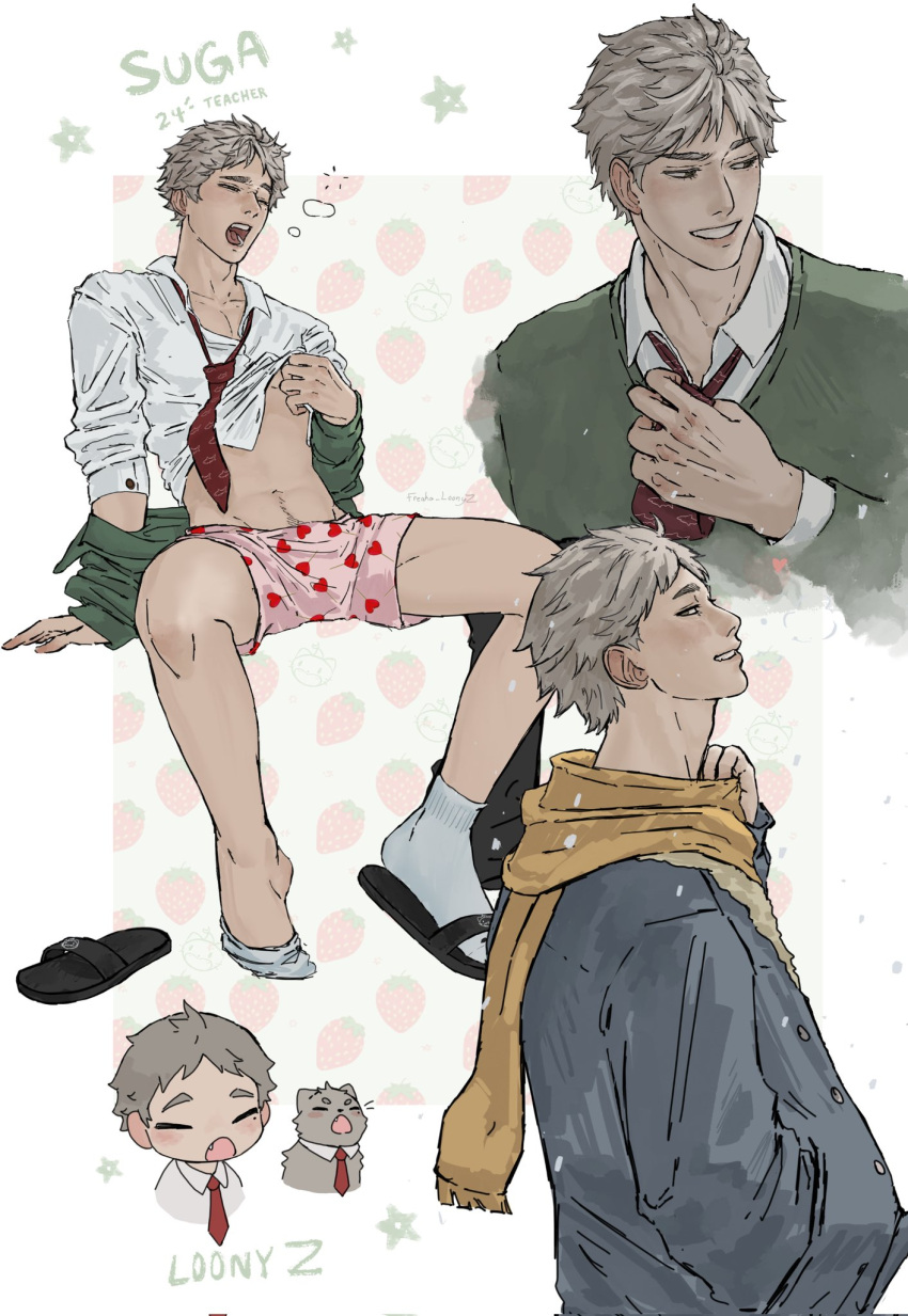 1boy, aged_up, cat, chibi, closed_eyes, clothes_lift, collared_shirt, freaka_loonyz