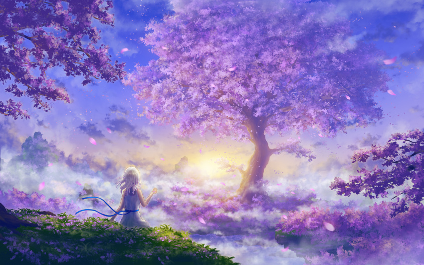 1girl, above_clouds, absurdres, au_ito, bare_arms, blue_ribbon, clouds, commentary_request