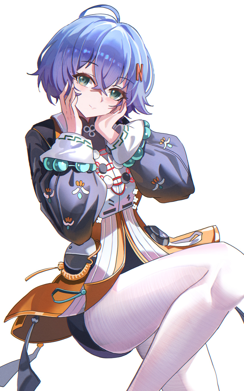 1girl, absurdres, belle_(delicate_sunlight)_(zenless_zone_zero), belle_(zenless_zone_zero), black_shirt, blue_hair, blush, chinese_clothes, dress, dress_over_shirt, green_eyes, hair_between_eyes, hair_ornament, hands_on_own_cheeks, hands_on_own_face, highres, knee_up, letter_hair_ornament, long_sleeves, looking_at_viewer, official_alternate_costume, orange_dress, puffy_long_sleeves, puffy_sleeves, shirt, short_hair, simple_background, smile, solo, thigh-highs, white_background, white_thighhighs, wuzhihuijia, zenless_zone_zero