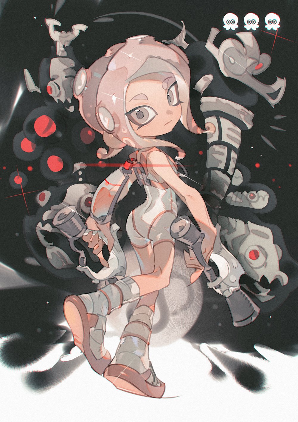 1girl, agent_8_(splatoon), bare_arms, bare_shoulders, bodysuit, boots, brown_hair, closed_mouth