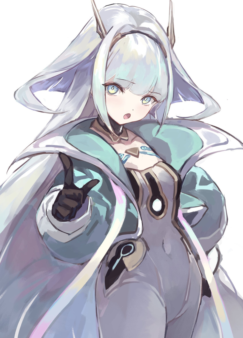 1girl, black_gloves, blue_jacket, blunt_ends, bodysuit, breasts, covered_navel, eudie_(shadowverse)