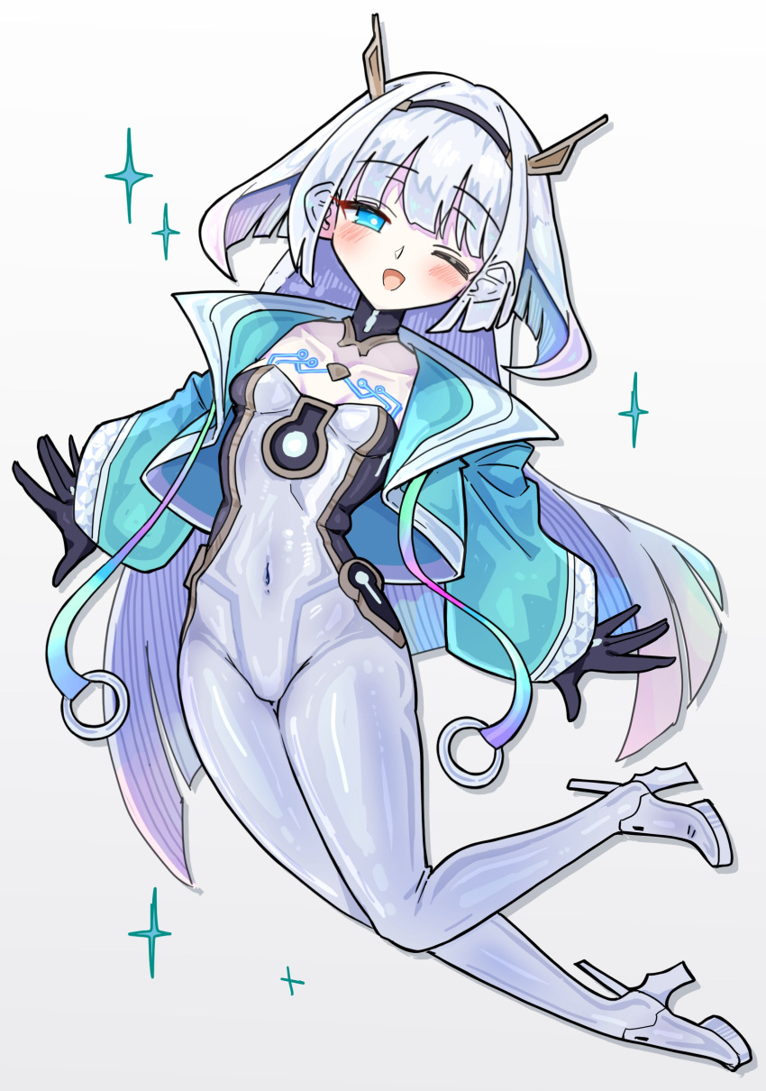 1girl, absurdres, black_gloves, blue_jacket, blunt_ends, bodysuit, breasts, covered_navel