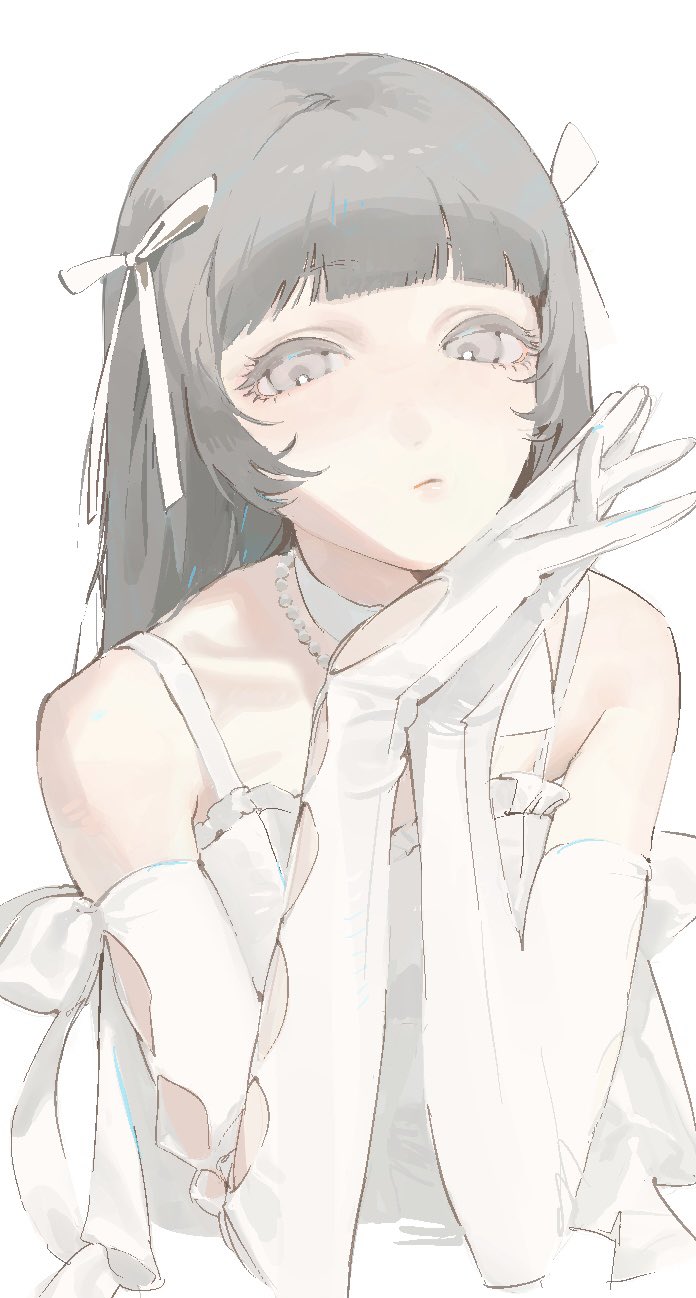 1girl, bare_shoulders, bead_necklace, beads, blunt_bangs, choker, closed_mouth, cropped_torso