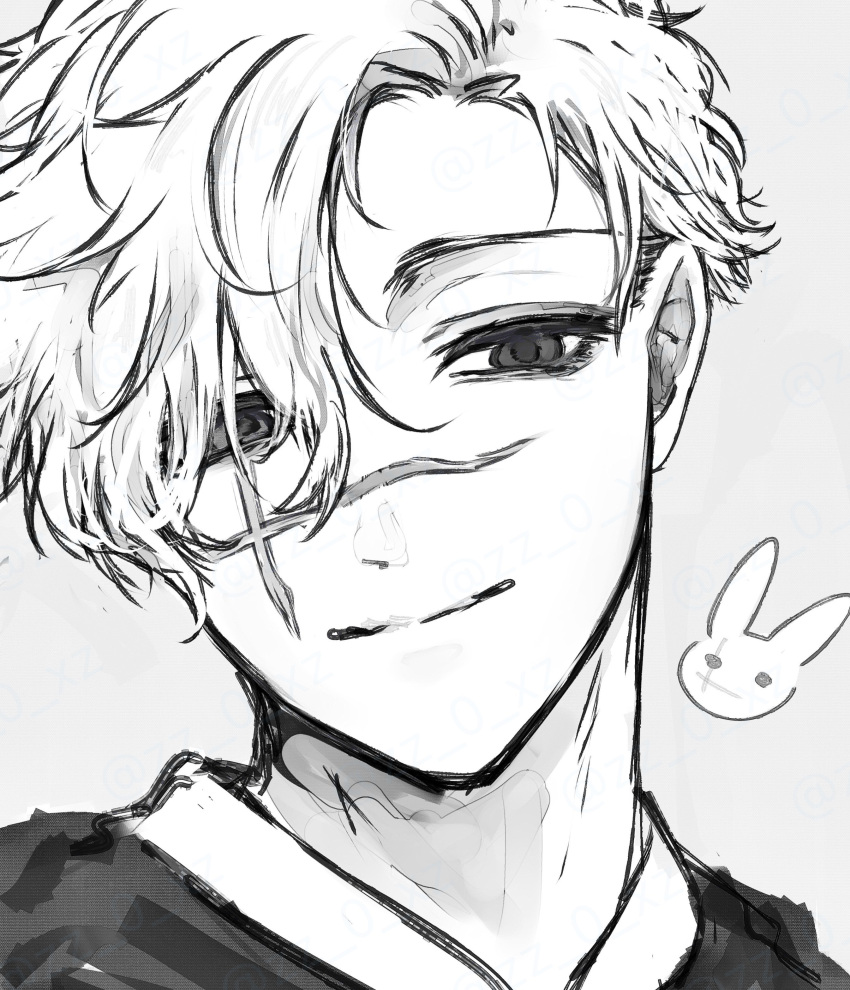 1boy, absurdres, blue_lock, bunny_iglesias, closed_mouth, commentary_request, hair_over_one_eye, highres, light_smile, looking_at_viewer, male_focus, portrait, scar, scar_across_eye, scar_on_face, shirt, short_hair, simple_background, solo, zz_0_xz