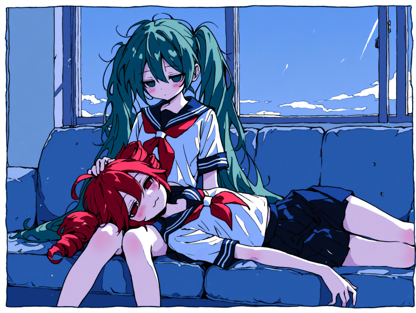 2girls, :3, ahoge, aqua_eyes, aqua_hair, blue_skirt, blue_sky, blush, clouds, commentary, couch, dot_nose, double-parted_bangs, drill_hair, empty_eyes, flat_chest, hair_between_eyes, hatsune_miku, headpat, highres, indoors, jitome, kasane_teto, lap_pillow, long_hair, looking_at_viewer, medium_hair, messy_hair, mochi_(user_ters7875), multiple_girls, neckerchief, on_couch, pleated_skirt, red_eyes, red_hair, red_neckerchief, school_uniform, serafuku, shirt, short_sleeves, sitting, skirt, sky, sleepy, smug, symbol-only_commentary, twin_drills, twintails, utau, vocaloid, white_shirt