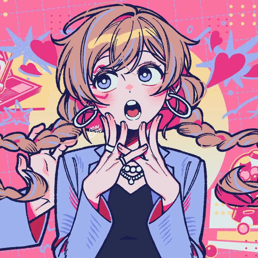 1girl, bead_necklace, beads, black_shirt, blazer, blue_hair, blue_jacket, braid, bright_pupils, brown_hair, collared_jacket, colorful, commentary_request, dazbee, dot_nose, earrings, explosion, fingernails, floating_earrings, floating_hair, gumball_machine, halftone, hand_on_another's_shoulder, hands_on_own_cheeks, hands_on_own_face, heart, hoop_earrings, indie_utaite, jacket, jewelry, korean_commentary, lapels, light_blush, long_sleeves, looking_to_the_side, low_twin_braids, minjye, multicolored_hair, multiple_rings, necklace, notched_lapels, open_clothes, open_jacket, open_mouth, pink_background, ring, shirt, signature, solo_focus, straight-on, streaked_hair, sun, surprised, swept_bangs, teeth, twin_braids, twintails, two-tone_hair, upper_body, white_pupils