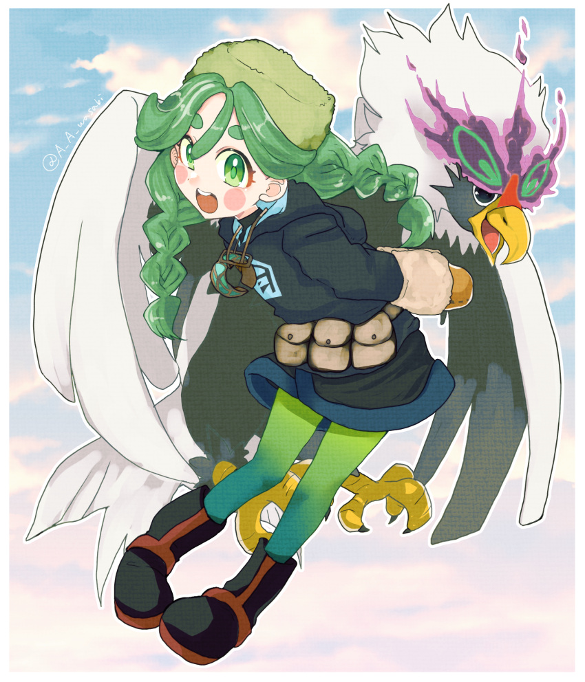 1girl, :d, arms_behind_back, belt_pouch, bird, black_shoes, blue_sky, blush_stickers, braid, brown_mittens, clouds, commentary_request, ei_(a_a_wasabi), full_body, fur_hat, green_eyes, green_hair, green_hat, green_pantyhose, hair_between_eyes, hat, highres, hisuian_braviary, jewelry, leaning_forward, long_hair, long_sleeves, looking_at_viewer, mittens, necklace, open_mouth, pantyhose, pokemon, pokemon_(creature), pokemon_legends:_arceus, pouch, sabi_(pokemon), shoes, sky, smile, solo, teeth, twin_braids, twitter_username, upper_teeth_only