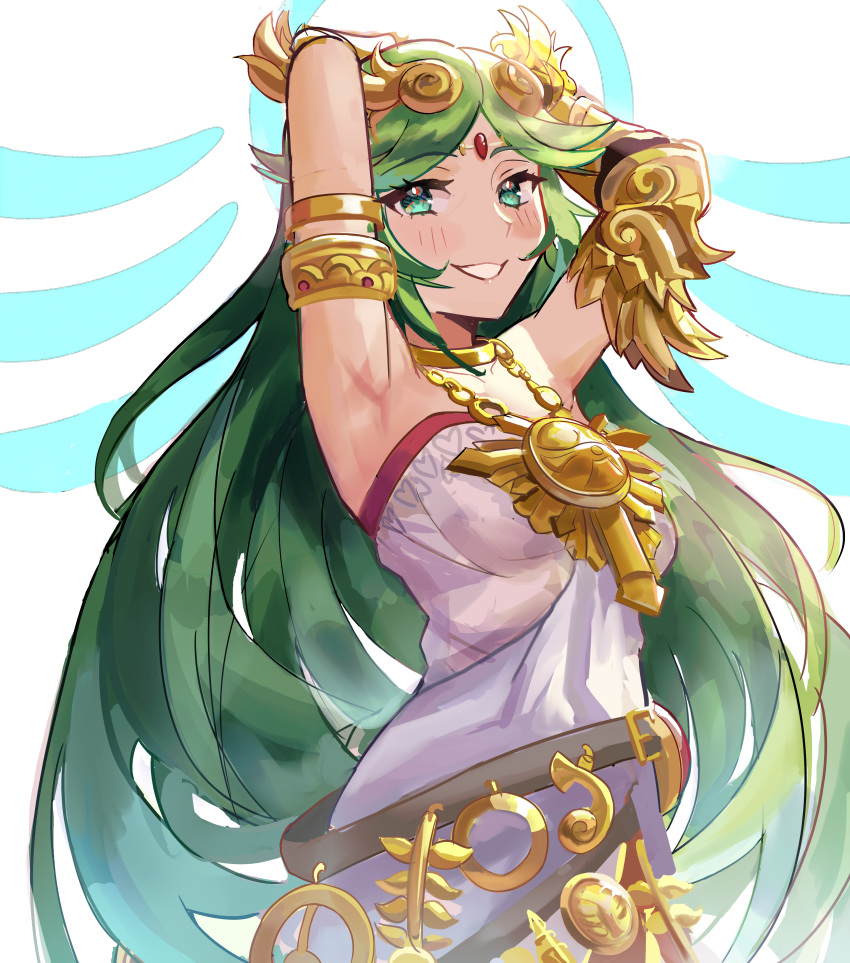 1girl, absurdres, armlet, armpits, commentary, dress, eyelashes, forehead_jewel