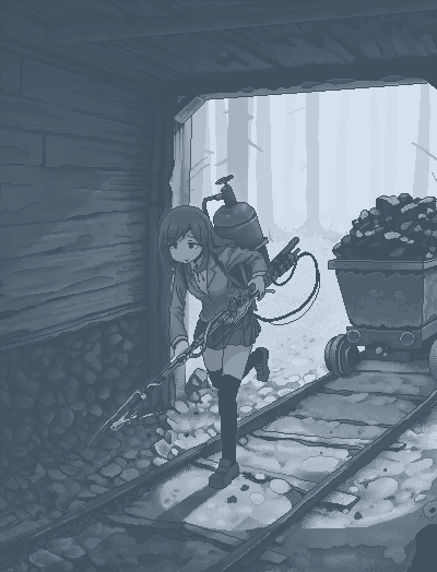 1girl, :t, blazer, blue_theme, coal, flamethrower, gas_cylinder, hamsterfragment, holding, holding_flamethrower, holding_weapon, imminent_death, imminent_suicide, jacket, medium_hair, mine_(place), minecart, mineshaft, monochrome, original, over-kneehighs, pout, propane_tank, railroad_tracks, solo, suicidal_girl_(hamsterfragment), thigh-highs, weapon