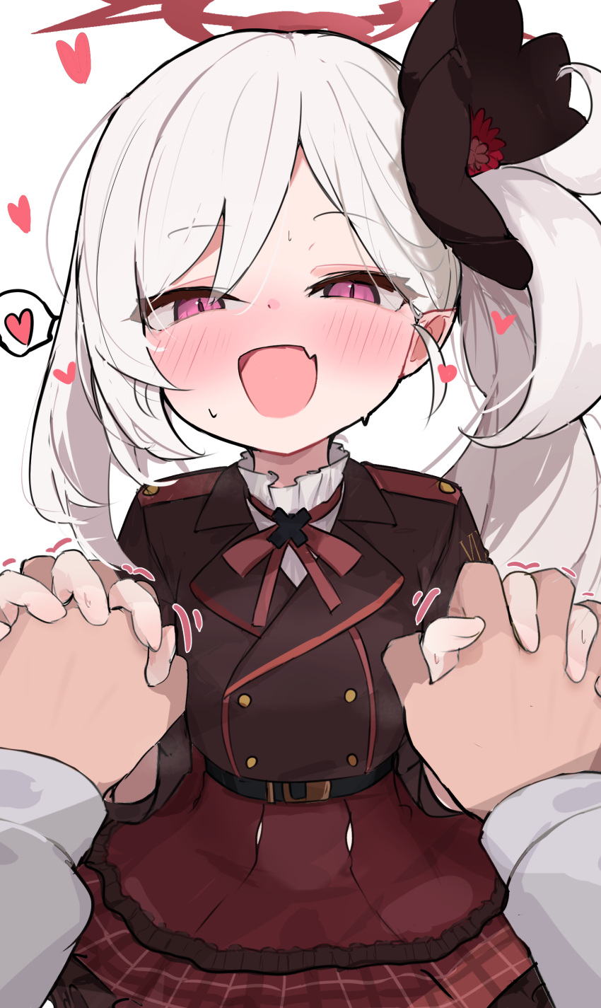 1girl, absurdres, blue_archive, blush, hair_ornament, halo, heart, highres, looking_at_viewer, mutsuki_(blue_archive), nyashiro_(sgylk), pov, side_ponytail, spoken_heart, white_hair